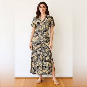 Vintage 90s Tropical Leaf Novelty Button Down Maxi Dress Medium Resort Vacation
